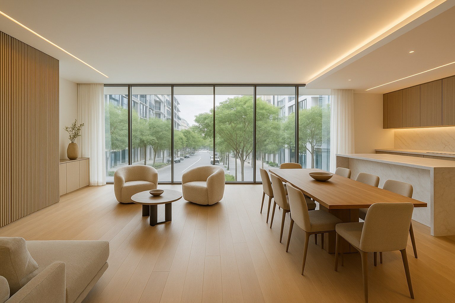 Living and dining space of a 3-bedroom apartment at City Walk, Dubai