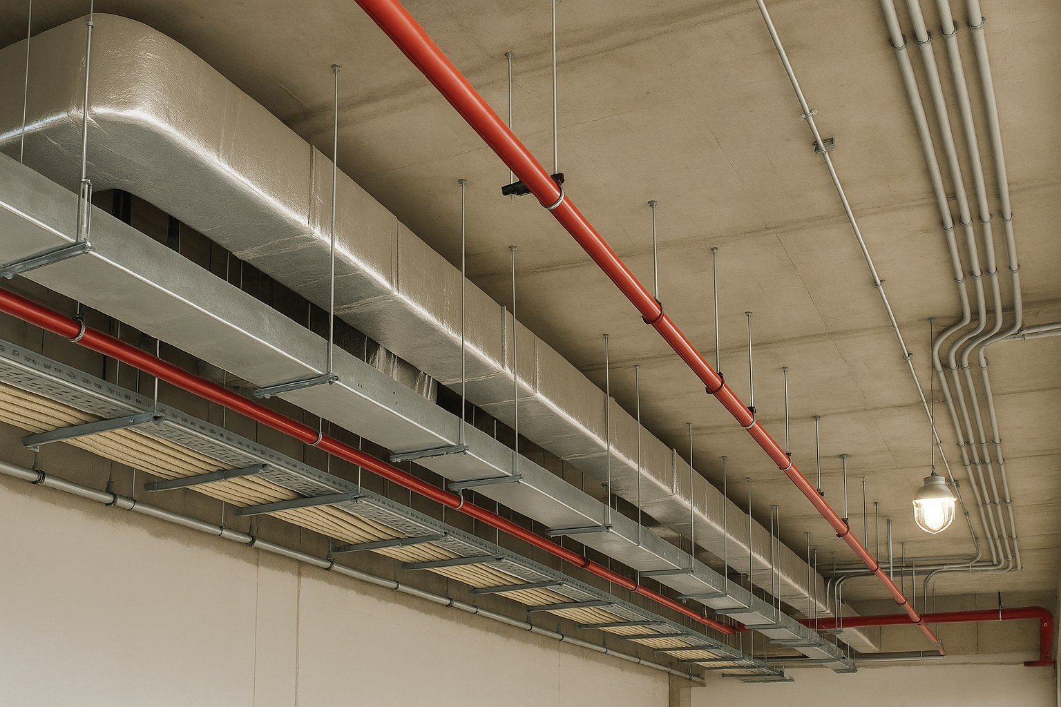 Ducting, pipework and cable trays above a suspended ceiling