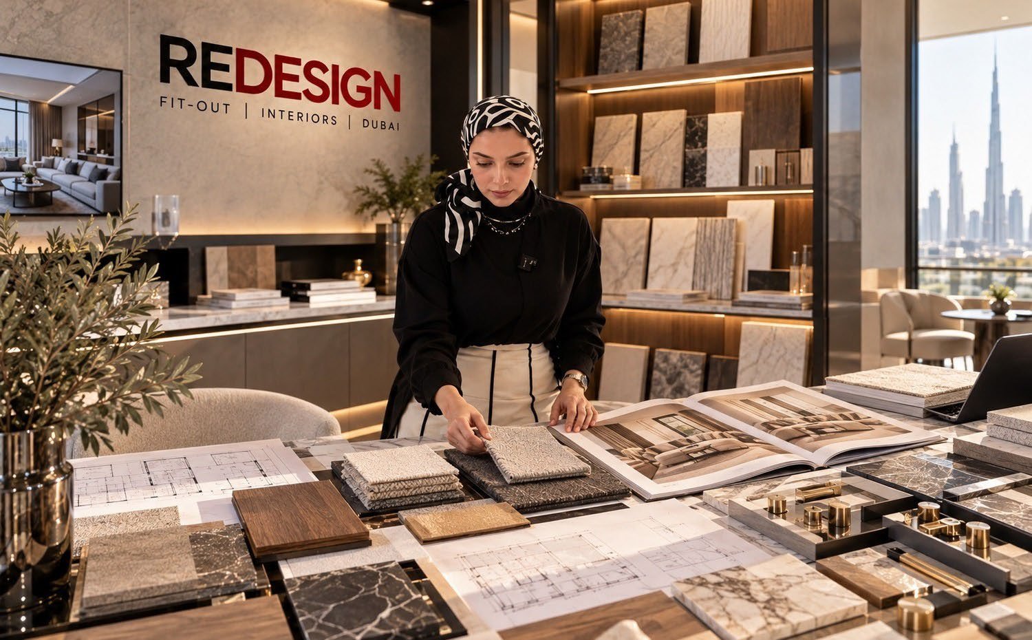 اختيار المواد والتشطيبات والأثاث لمشروع تصميم داخلي في دبي