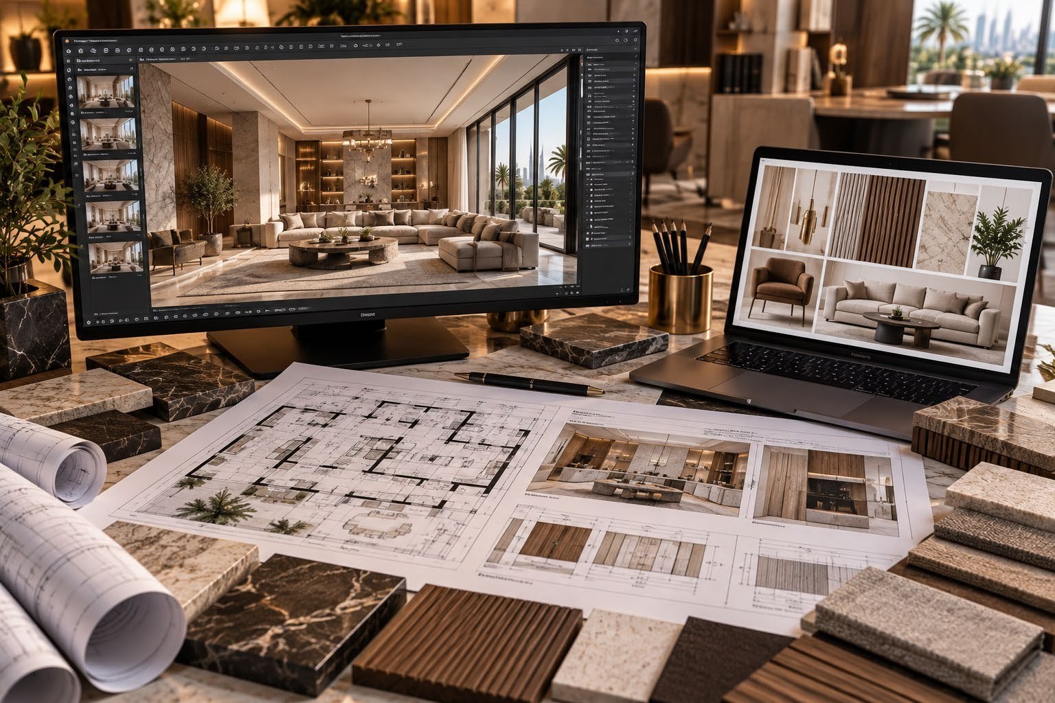 مرحلة التصور ثلاثي الأبعاد (3D) وتطوير التصميم في مشروع تصميم داخلي بدبي